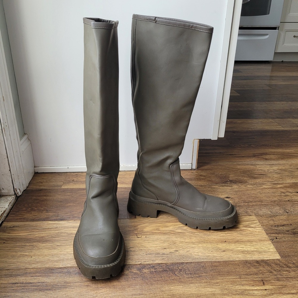 ZARA Women Olive Green Knee High Platform Chunky Sole Rain Boots Size 7.5/Eu 38 - Picture 13 of 13
